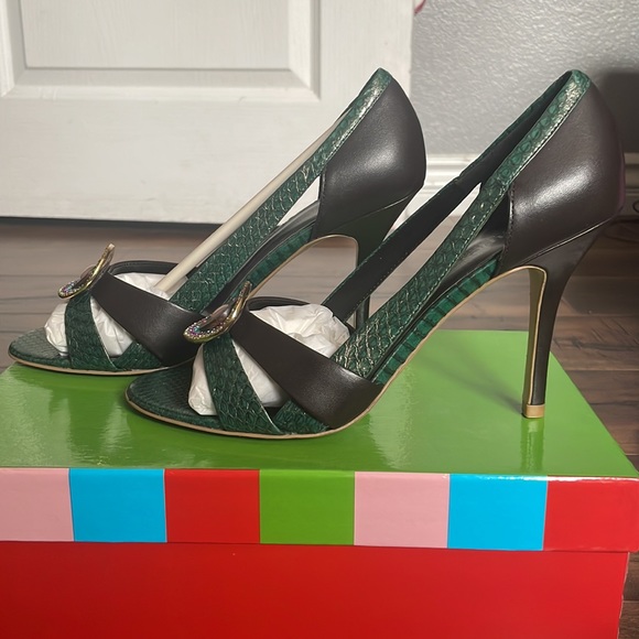 Charles david green and brown open toe pumps with jewel accent piece. - Picture 4 of 10